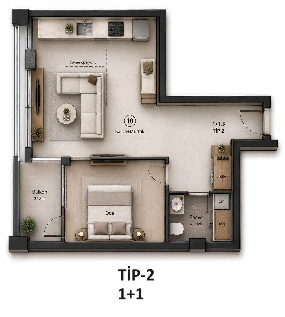 Astera Yuva 1+1 daire planı, tip 2, salonda bölme seçeneği