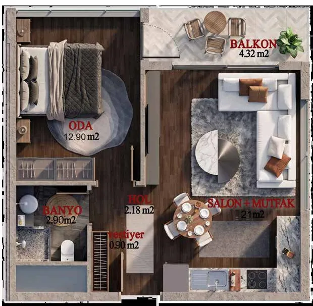 Zevora 1+1 daire planı ve oda alanları