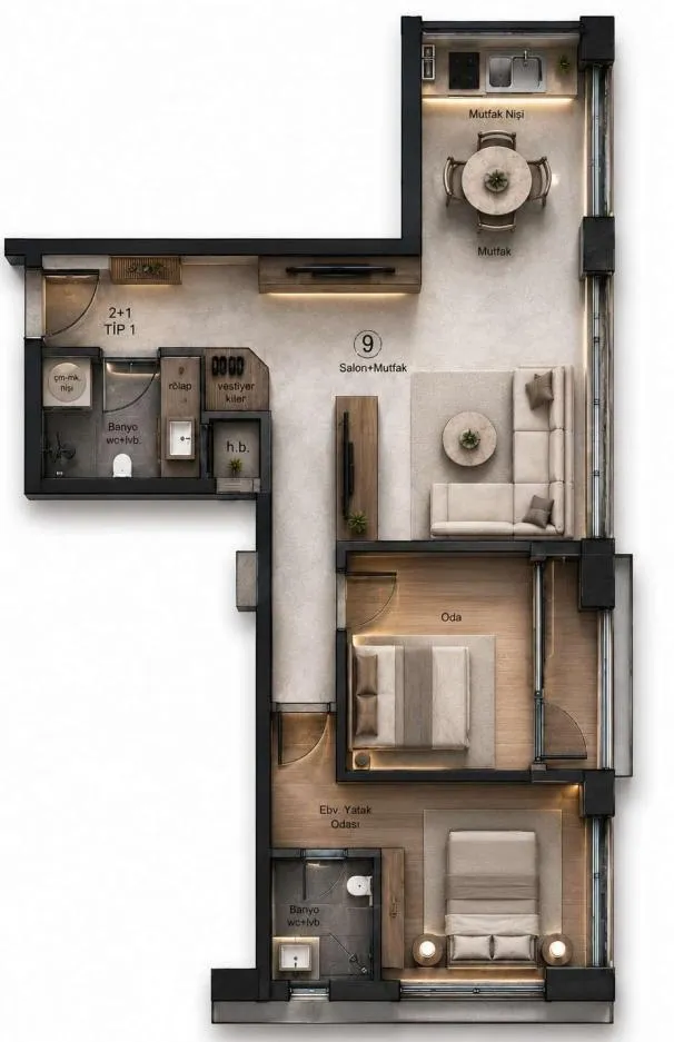 Astera Yuva 2+1 daire planı