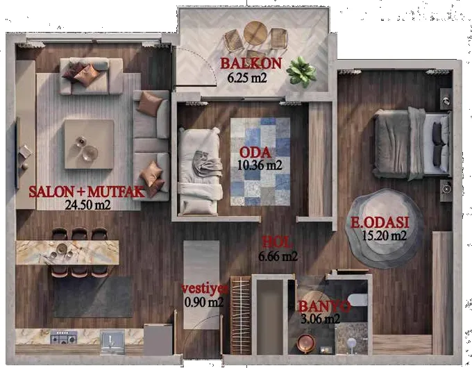 Zevora 2+1 daire planı ve oda alanları